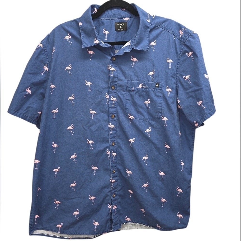 Hurley‎ Flamingo Button Up Shirt Men XL Blue Pink Tropical Beach Surf Cruise